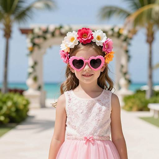 Photograph of a young girl with wavy brown hair, wearing a pink floral crown, heart-shaped pink sunglasses, and a white lace sleeveless dress