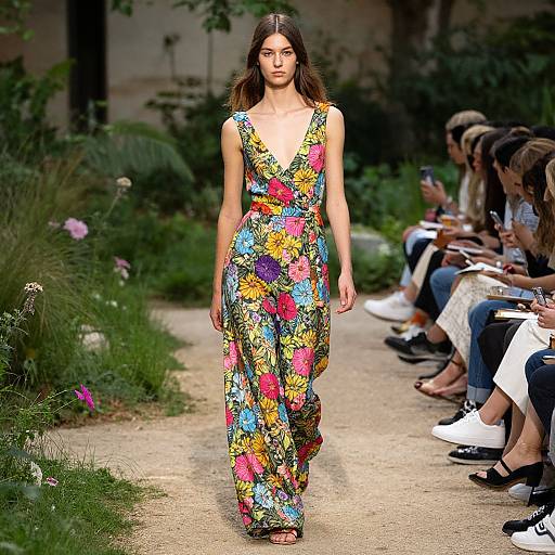 Photograph of a model with long brown hair, wearing a vibrant, floral-patterned, V-neck jumpsuit, walking a garden runway, with seated