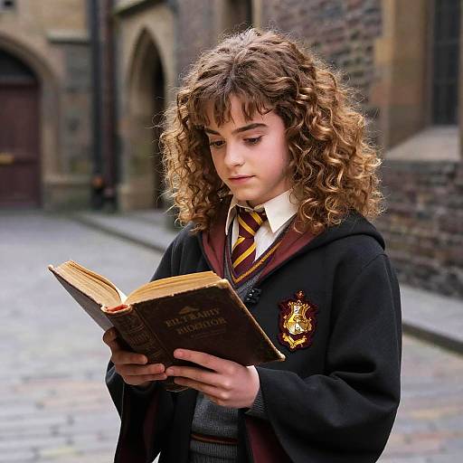 Photograph of a young girl with curly brown hair, wearing a Hogwarts school uniform, reading a book in a cobblestone courtyard.