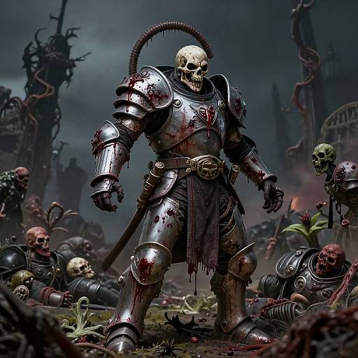 Digital artwork of a blood-stained, armored skull-headed warrior standing over fallen, undead warriors in a dark, eerie, battlefield with twisted, organic structures