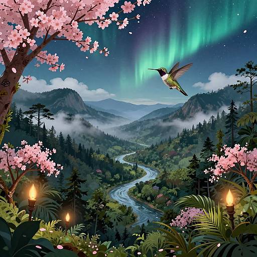 Hummingbird Over Misty Rainforest Canopy