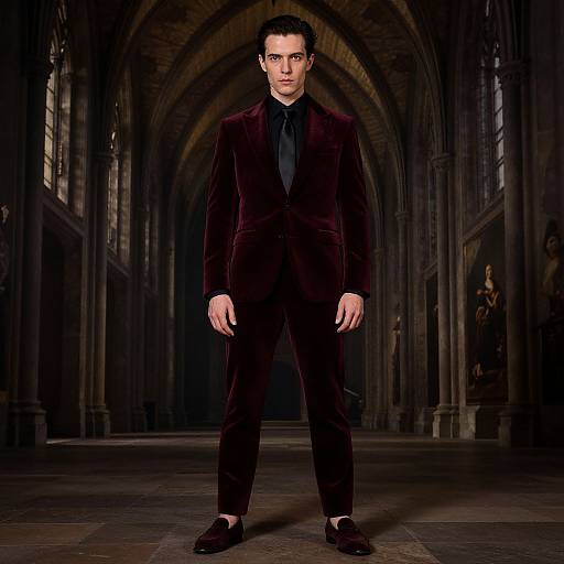 Photograph of a serious-looking man in a dark maroon velvet suit, black shirt, and black shoes, standing in a dimly lit, Gothic