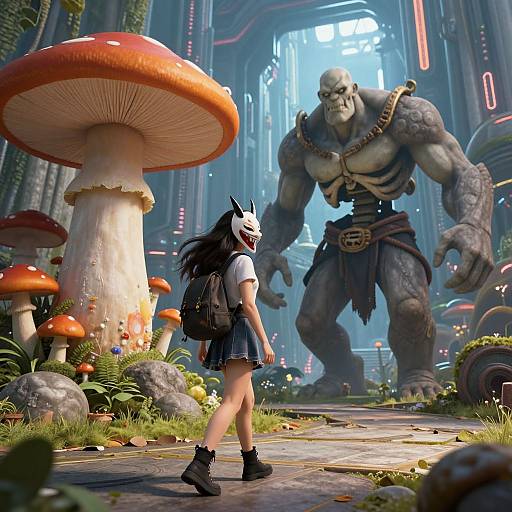 Futuristic Woman with Tengu Mask