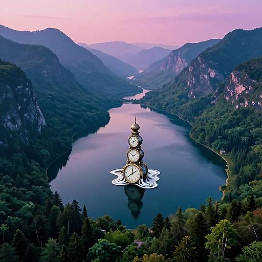Aerial photograph of a floating clock tower on a serene, mountain-surrounded lake at sunset, with purple and pink sky.