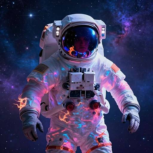 Digital artwork of an astronaut with glowing neon flames on white spacesuit, dark reflective helmet, against a starry, colorful cosmic background.
