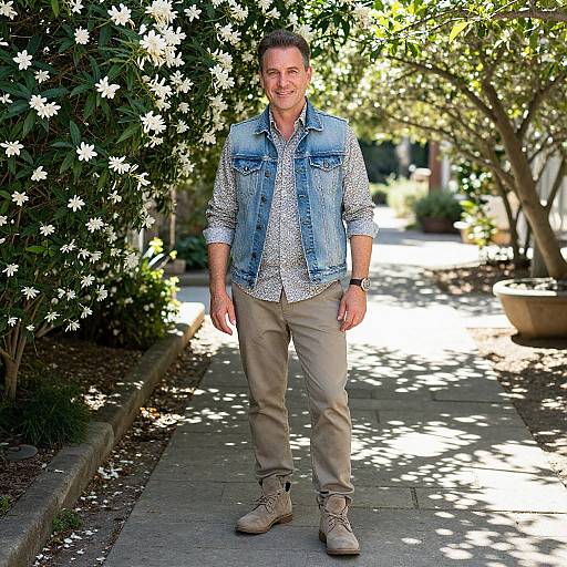 Photograph of a smiling middle-aged man with short brown hair, wearing a denim vest, patterned shirt, beige pants, and tan boots, standing