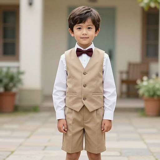 Photograph of a young Asian boy with short black hair, wearing a beige vest, white shirt, black bow tie, and beige shorts, standing in