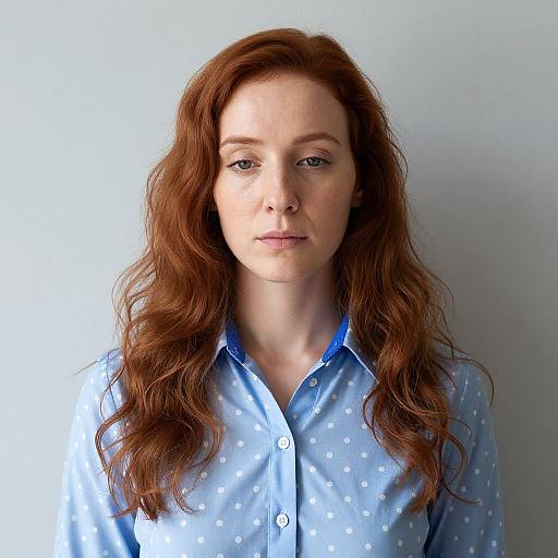 Photograph of a fair-skinned, red-haired woman with wavy hair, wearing a light blue polka dot button-up shirt, against a plain