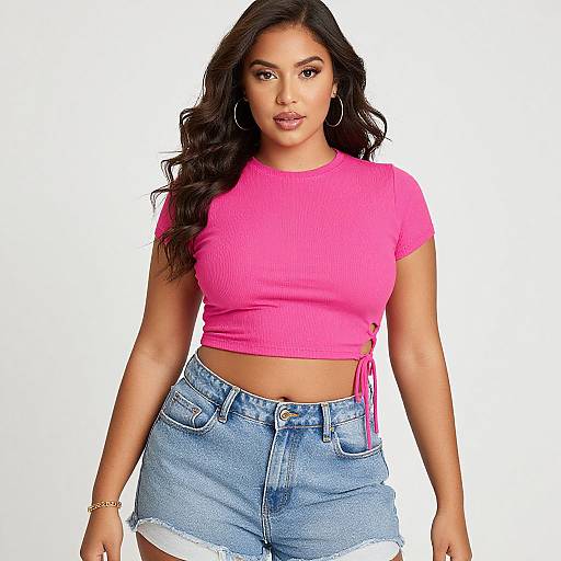 Photograph of a curvy woman with long black hair, wearing a bright pink ribbed crop top and high-waisted denim shorts, standing against