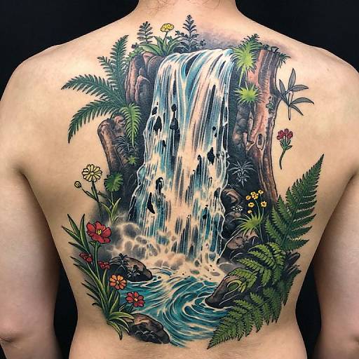Tattoo of cascading waterfall with ferns, flowers, and small figures on a person's back, featuring vivid colors and detailed shading.