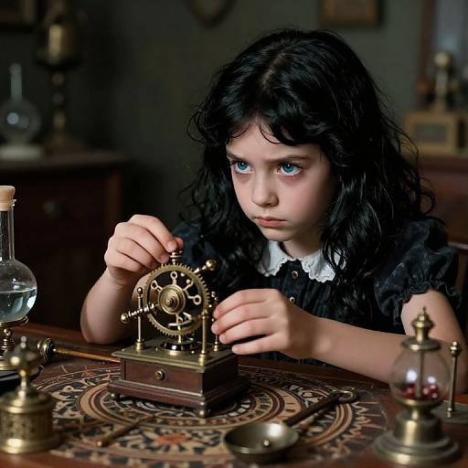 Photorealistic digital painting of a young girl with long black hair, blue eyes, and pale skin, repairing an antique brass clock on a patterned