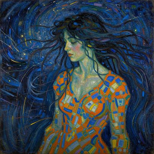 Vibrant, abstract painting of a woman with long, flowing hair, wearing a colorful, geometric-patterned dress, set against a swirling blue and