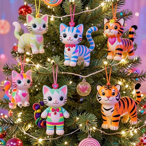 Photograph of a decorated Christmas tree with colorful cat and tiger ornaments, heart-shaped baubles, and twinkling lights in a softly lit background.
