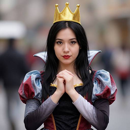 Photograph of an Asian woman with long black hair, wearing a gold crown, red and black medieval-style dress, and puffed sleeves, hands clas