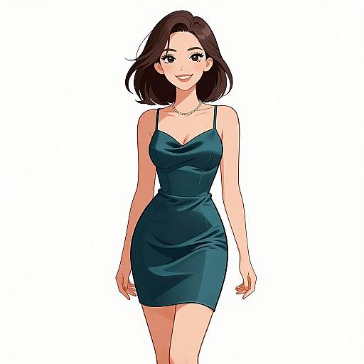 Elegant Woman in Teal Satin Dress