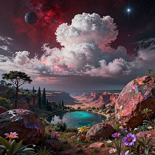 Fantastical digital landscape: vibrant flowers, rocky terrain, turquoise lake, starry sky, giant clouds, distant planet, colorful sunset, mystical mountains