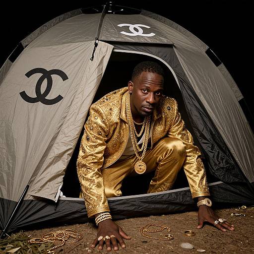 Photograph of a Black man with dark skin, gold embroidered jacket, and multiple gold chains, crouching in a black Chanel tent at night,