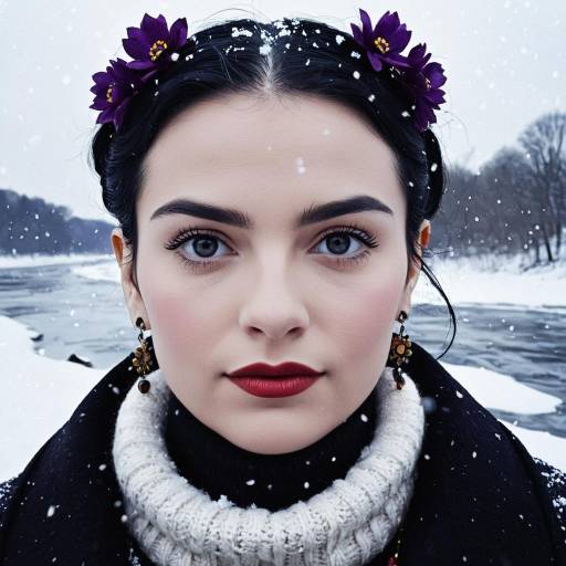 Woman with Violet Eyes and Purple Flowers in Snow