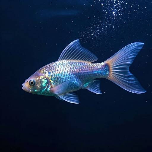 Photograph of a vibrant, iridescent blue fish with shimmering scales and translucent fins, swimming against a dark blue underwater background with scattered small bubbles