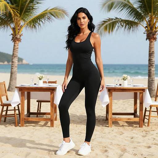 Photograph of a fit, dark-haired woman in a black tank top and leggings, white sneakers, standing on a sunny beach with palm trees, wooden