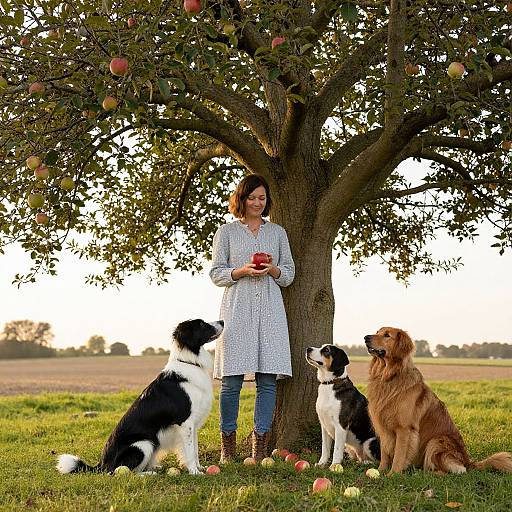 Photograph of a woman in a white dress holding apples, standing under a fruit tree, with three dogs (black and white, brown) sitting on