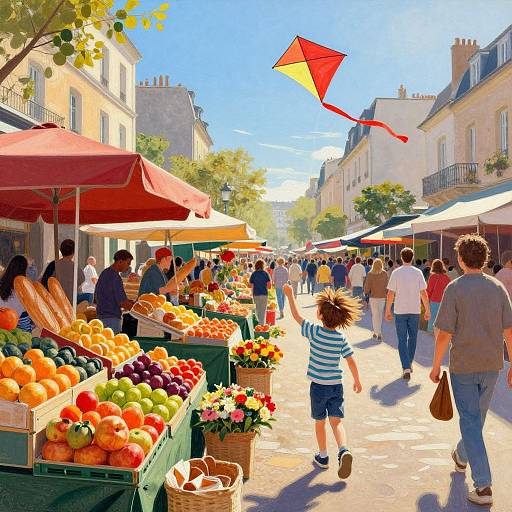 Vibrant photograph of a bustling outdoor market with colorful fruits, red umbrellas, flying red-yellow kite, people walking, and a child in a