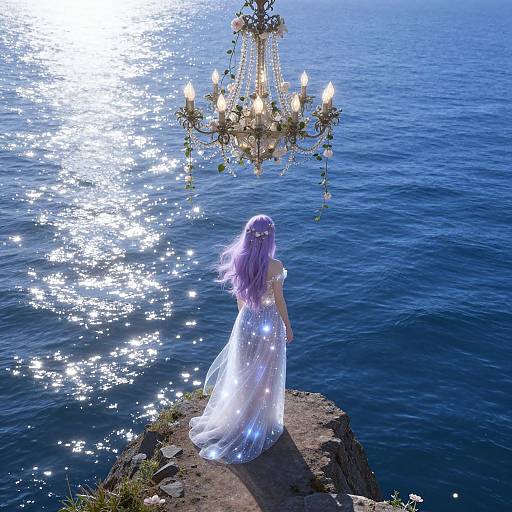 Magical photograph of a woman with long purple hair in a white, sparkling dress, standing on a rocky cliff, facing a glittering chandelier over