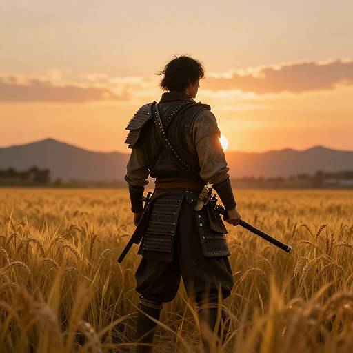 Silhouetted samurai stands in golden wheat field, back to camera, holding katana, sunset behind, mountains in distance, warm orange sky