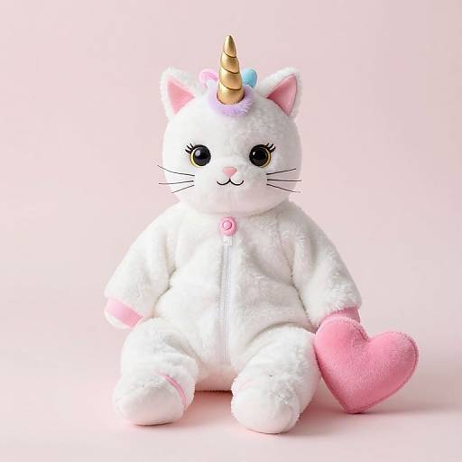 Photograph of a plush white unicorn cat toy with a golden horn, black eyes, pink heart, and pink paw pads, against a white background.