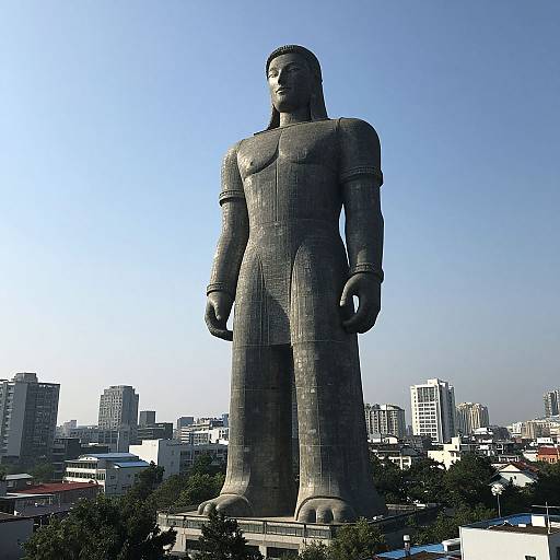 Photograph of a towering, gray, stone statue of a man in a suit standing in an urban cityscape with tall buildings.