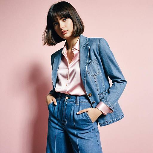 Fashionable woman in denim outfit and silk blouse