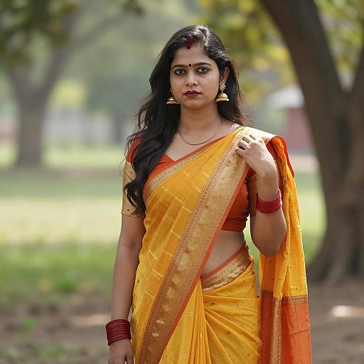 Indian Woman in Yellow and Orange Saree Outdoors