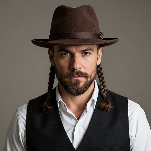 Photograph of a bearded man with braided hair, wearing a brown hat, white shirt, and black vest, against a gray background.
