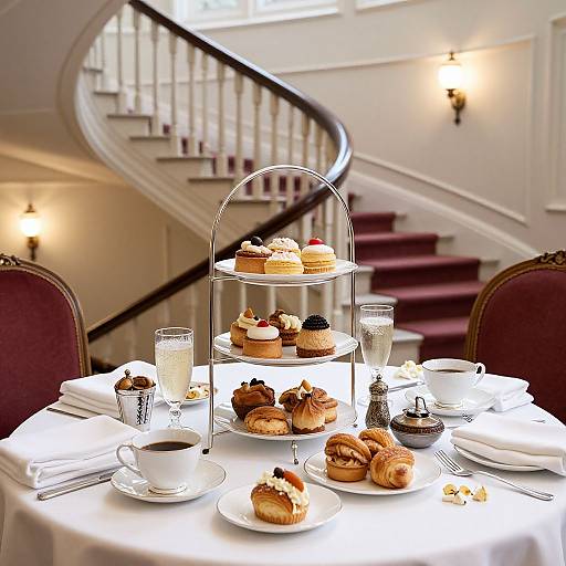 Photograph of elegant breakfast table with tiered dessert stand, assorted pastries, coffee, and champagne, in a luxurious, staircase-backed room.