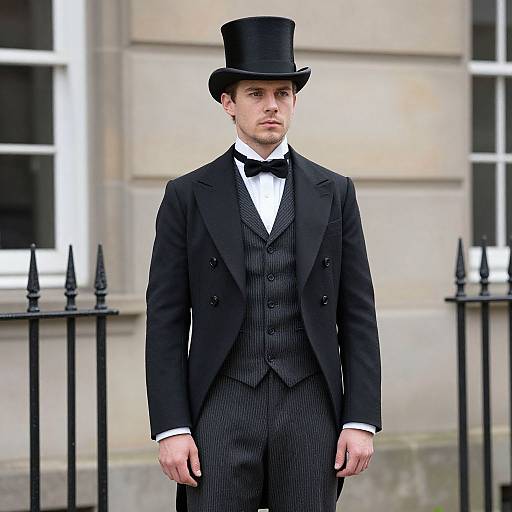 Photograph of a serious young Caucasian man in a black top hat, black pinstripe three-piece suit, white shirt, and black bow tie,