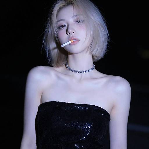 Elegant Woman with Platinum Hair and Cigarette