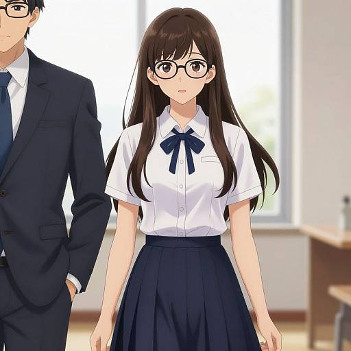 Anime-style digital illustration of a young woman with long black hair, glasses, white blouse, navy ribbon, and skirt, standing beside a man in a