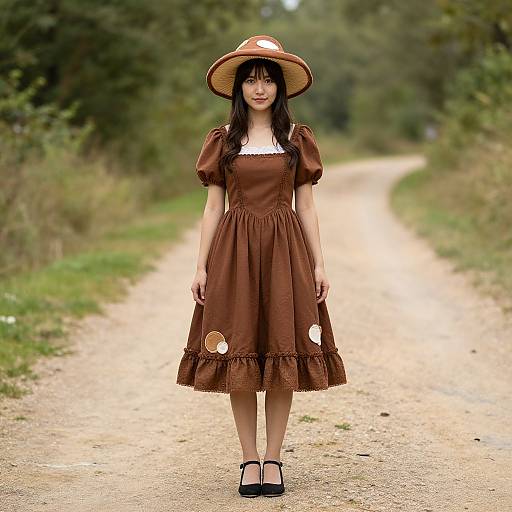 Photograph of a young woman with long black hair, wearing a brown dress and hat with mushrooms, standing on a dirt path in a forest.