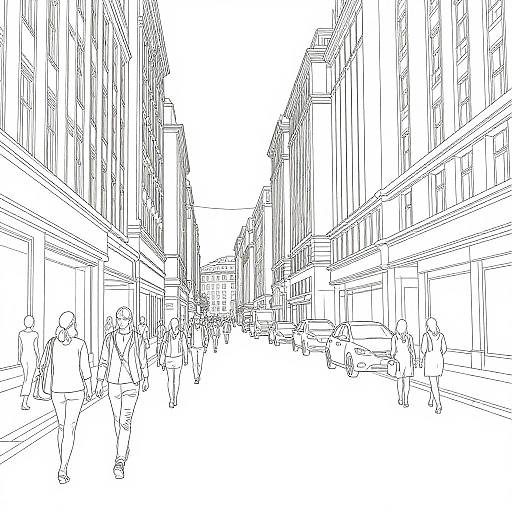Black-and-white line drawing of a bustling urban street with tall buildings, pedestrians, cars, and storefronts, viewed from the center.