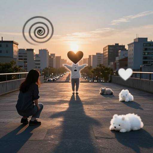 Photograph of a sunset rooftop with a girl squatting, two fluffy white rabbits, and a person with heart and spiral head in white shirt, casting