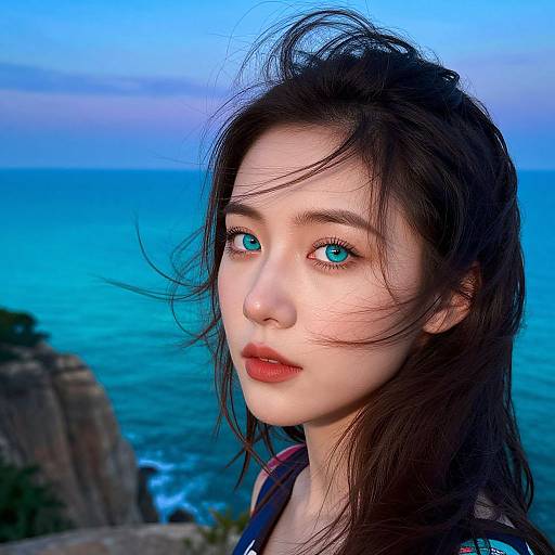 Photograph of an Asian woman with striking blue eyes, fair skin, and black hair blowing in the wind, standing by a vibrant blue ocean at dusk