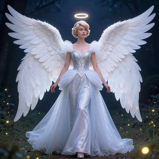 Digital artwork of a blonde angelic woman with glowing white wings, halo, and silver gown, standing in a dark forest illuminated by fireflies.