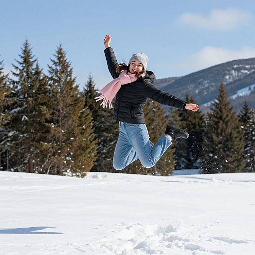 Joyful Woman Leaping in Snowy Landscape