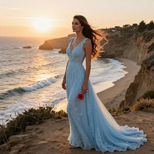 Photograph of a brunette woman in a light blue lace wedding gown, holding a red flower, standing on a cliffside at sunset, overlooking a serene