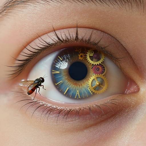 Close-up photograph of a human eye with a blue and yellow iris, gold and pink gears, and a fly perched on the lower eyelid.