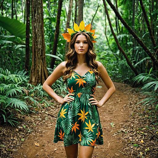 Woman in Tropical Dress and Leaf Crown in Jungle