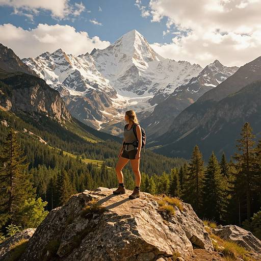 Photograph of a blonde woman in hiking gear standing on a rocky peak, gazing at a snow-capped mountain range under a bright sky.