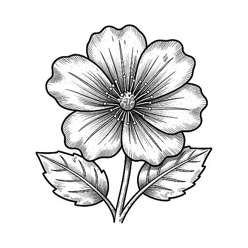 Black and white ink drawing of a detailed, five-petaled flower with two leaves, showcasing fine line work and shading.