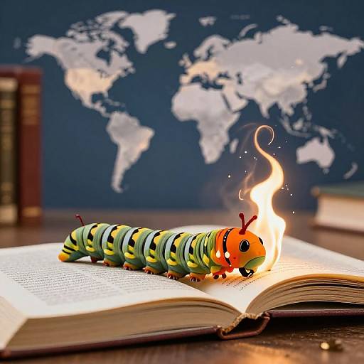 Photograph of a colorful, cartoon caterpillar with a flame head crawling on an open book, against a blue wall with a white world map.