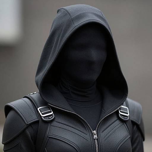 Photograph of a faceless, black-clad figure in a textured, hooded jacket with zippers and buckles, standing against a blurred,